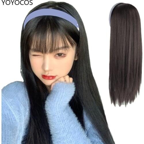 YOYOCOS Wig with Bangs Short Bob Human Hair Wigs for Women Cheap Brazilian Straight Black Long Fringe Wig with Headband New 2021