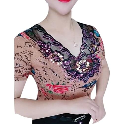 Womens Spring Summer Style Blouses Shirt Womens Lace Patchwork V-neck Hollow Out Embroidery Slim Tops DD8756