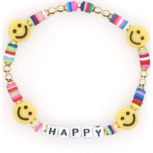 Go2Boho Smile Face Bracelets HAPPY Letter Colorful Polymer Clay Beaded Bracelet For Women Gold Color Beads Smiley Jewelry