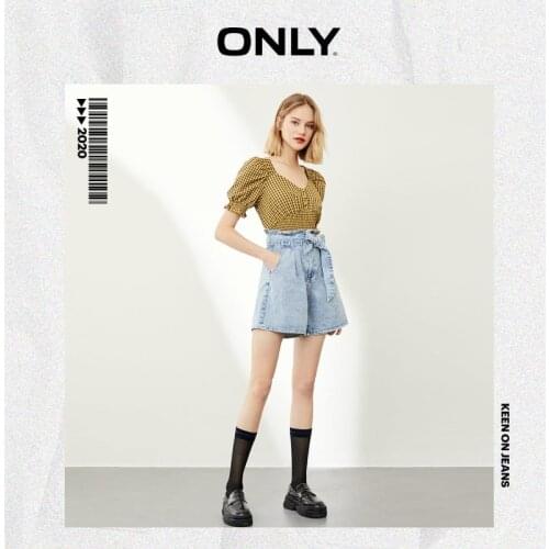 ONLY summer new style A-line pocket embroidered belt decorative design denim shorts women | 120343010