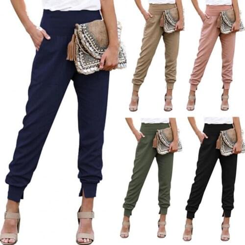 Women Pants Solid Color Ankle Tied Autumn Winter Elastic Waist Side Pockets Trousers Soft High Quality For Female Ladys M-3XL