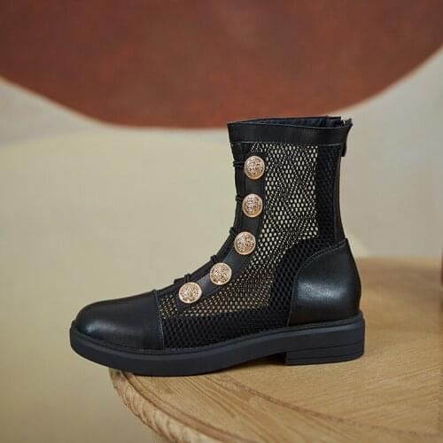 2021 New Cool Boots Genuine Leather Mesh Zipper Female Pumps Spring Summer Round Toe Square High Heel Women Shoes Size 34-43