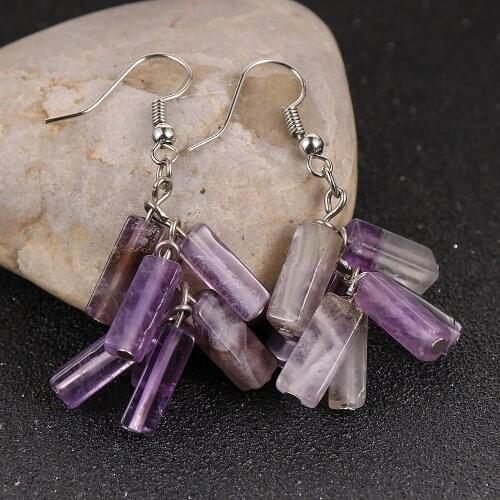 BOHO Natural Stone Dangle Earring For Women Tube Amethysts Pink Crystal Labradorite Beads Drop Earrings Female Jewelry Gifts