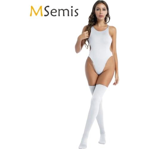 Womens Swimsuit Swimwear Faux Leather Lingerie Set Nightwear Hollow Out Back High Cut Bodysuit with Stocking for Swimming