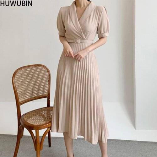 Summer New Womens Chic Turn V-Neck Slim Pleated Long Fashion Elegant Avant-Garde Temperament High-End Dress With Belt
