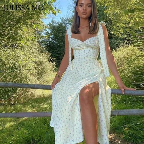 JULISSA MO Vintage Floral Print Split Long Dress Sexy Lace Up Backless Women Dresses Summer Straps Sleeveless Party Vestidos