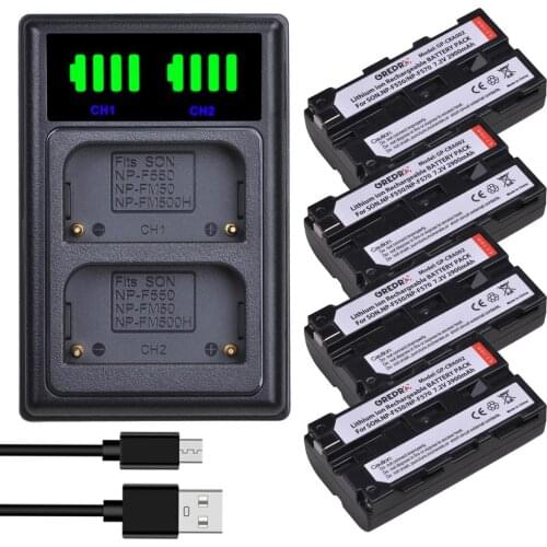 4Pcs NP-F550 NP-F570 NP F550 F570 Camera Battery + LED Dual Charger with type-C port for Sony NP-F330 NP-F530 NP-F570 NP-F730