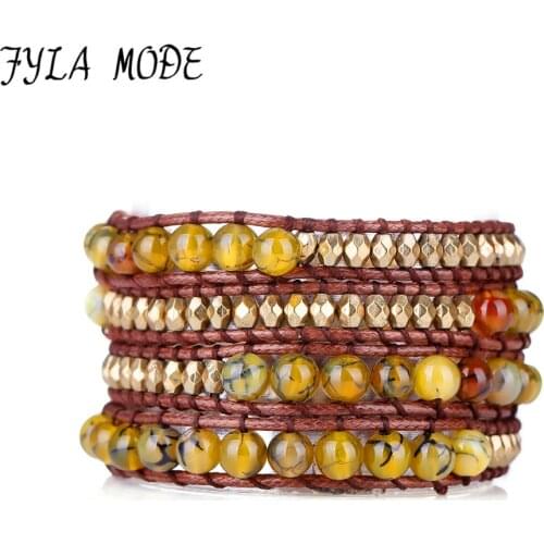 Fyla Mode Yellow Dragon Striped Stone Bohemian Cord Bracelet With Selected Faceted Bead 4 Wrap Bracelet Beading Pattern Inspire