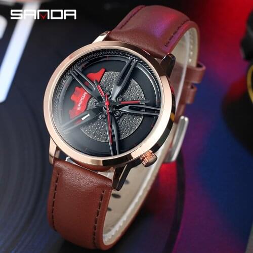 SANDA Hot Sell Watch Car Wheel 360 Rotating Dial Clock Fashion Leather Waterproof Rim Hub Quartz Wristwatch Relogio Masculino