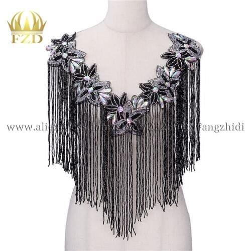 FZD 5 Pieces Sew on craft supplies rhinestones fringe Beaded Tassel Trim Patches for clothing Design Wedding Dress decoration