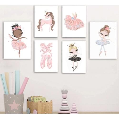 Pink Unicorn Poster Dancing Ballet Girl Canvas Prints Nursery Wall Art Print Dress Shoes Painting Nordic Picture Kids Room Decor