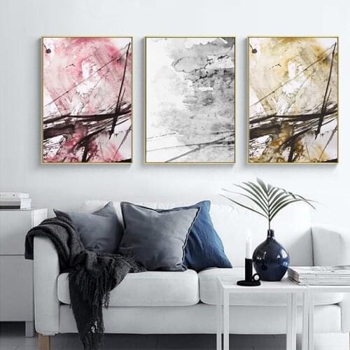 New Abstract Yellow Gray Pink Ink Splash A4 Canvas Painting Art Print Poster Picture Wall Decoration Modern Home Decoration