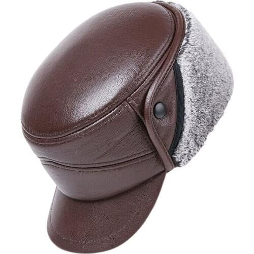 Fibonacci 2019 New Top Quality Genuine Leather Military Cap Winter Middle Aged Old Age Ear Protection Sheepskin Men Army Hat