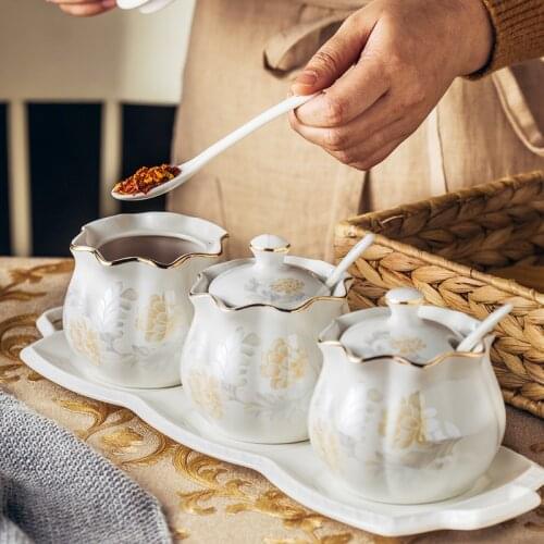 Ceramic Three-piece Kitchen Seasoning Jar with Peony Flower and Gold Rim Pattern Household Seasoning Box with Lid Spoon