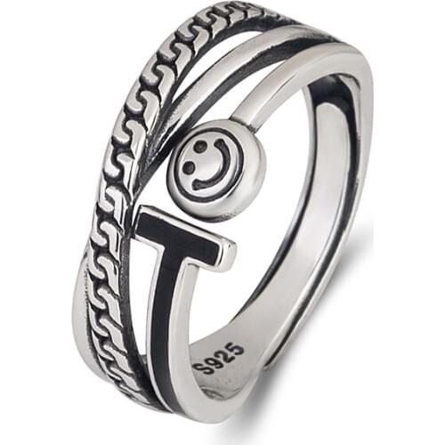 SA SILVERAGE S925 Sterling Silver Ring Female Mens Ring Fashion Marcasite Retro Smiley Face Chain T Ring Jewelry Silver 925