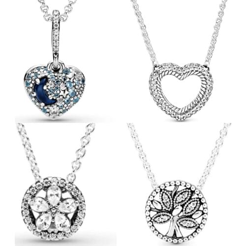 100% 925 Sterling Silver Sparkling Snowflake Collier Blue Moon & Stars Heart Collier Necklace Fit Pandora Charm Diy Jewelry