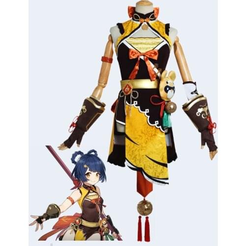 Game Genshin Impact Cosplay Costume Project Rice Crust Chef XiangLing Dress Anime Wig Accessories Set Xmas Gift Female Clothes