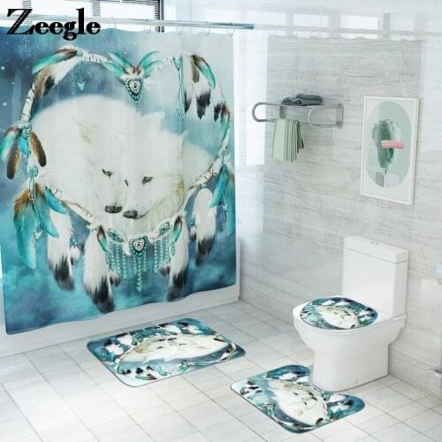 Europe Style Shower Curtain Printed Bathroom Floor Mat Microfiber Toilet Carpet Anti Slip Curtain Waterproof Bathroom Mat Set