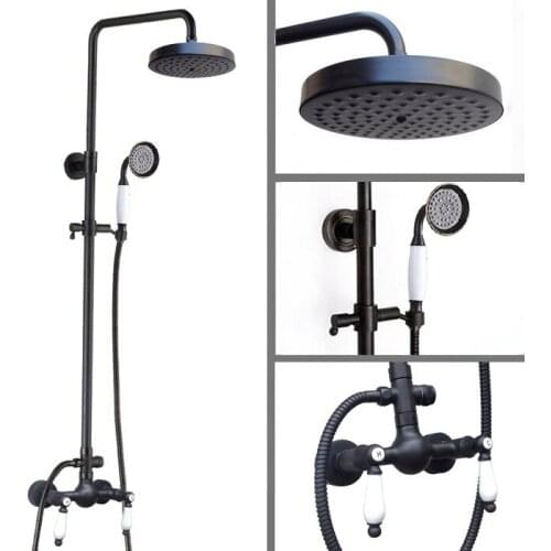 Black Oil Rubbed Brass Dual Ceramic Handle Bathroom 8 Inch Round Rain Shower Faucet Set Bath Mixer Tap Hand Shower mrs475