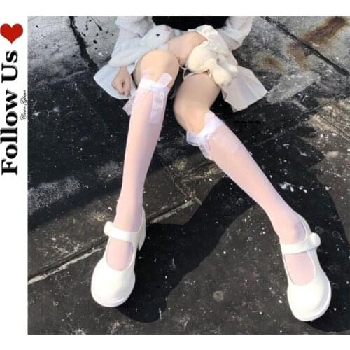 Lolita Lace Transparent Stockings Female Summer 2021 Japanese Solid Color Polyester Bow Calf Socks Sexy Dress Thin Tube Socks