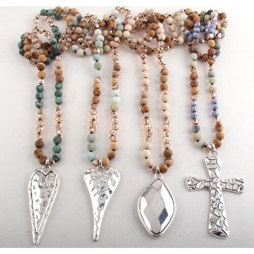 Fashion Bohemian Tribal Jewelry Multi Stone Beige Glass Long Knotted Silve Metal Heart Pendant Necklaces For Women Necklace