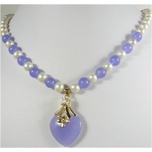 Trendy mixed white pearl purple natural jade necklace +heart pendant