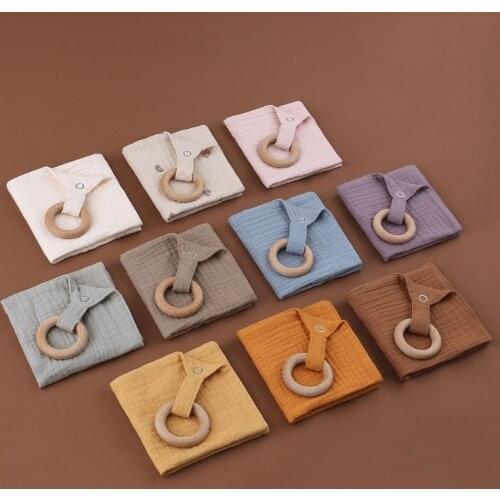 1pc Baby Bibs Cotton With Wooden Teether Newborn Snap Button Soft Triangle Towel Burp Cloths Soothe Appease Towel