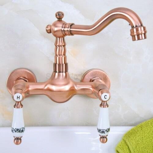 Wall Mounted Antique Red Copper Dual Ceramic Handles Swivel Spout Kitchen Sink Mixer Tap / Bathroom Basin Faucets tnf950