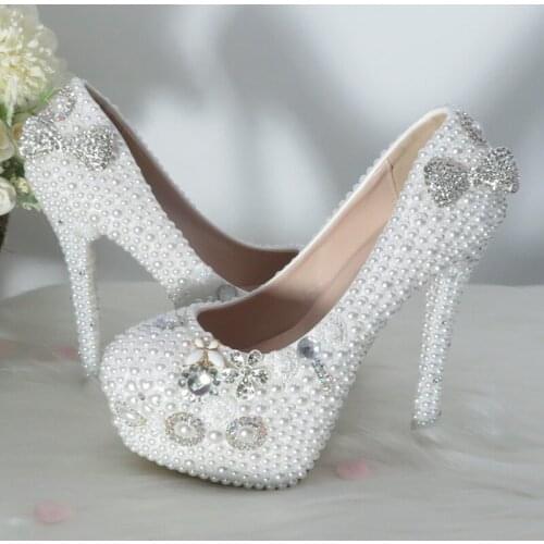 2021 New Pearl Bride Wedding shoes Luxurious Ladies Party Dress Shoes 11cm Womens High Heels Round Toe Bow Crystal Thin Heel