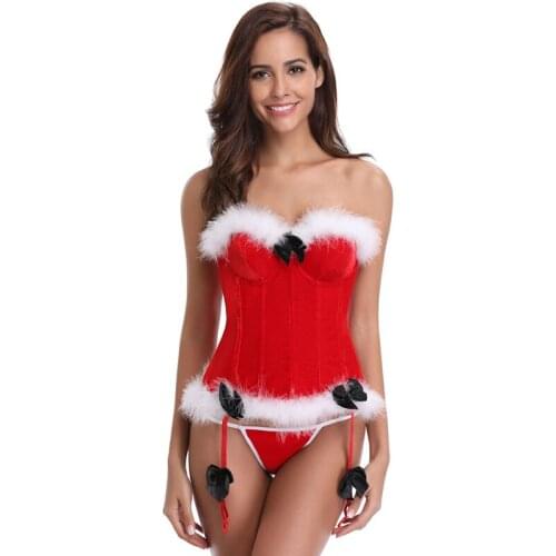 Overbust Women Santa Lingerie Red Christmas Corset Set Chemises Xmas Outfit Lace Sleepwear Christmas Underwear Black Bustier