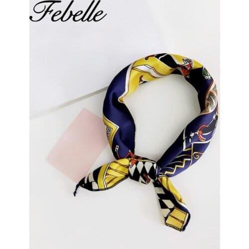 Febelle 50*50cm Square Silk Scarf Women Luxury Band Print Hair Tie Neck Wear Satin Scarf