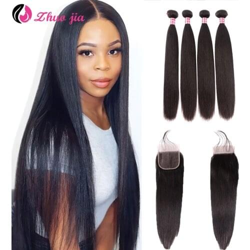 Straight Bundles With Closure Human Hair 4x4 Lace Closure Brazilian Hair 3 Bundles With Closure Straight With Baby Hair 30 Inch