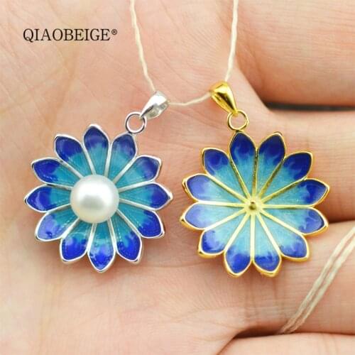 QIAOBEIGE DIY Freshwater Natural Pearl Pendant Mountings Women Necklace water lily flower 925 silver Wholesale Gift Fine Jewelry