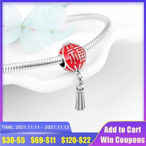 Real 925 Sterling Silver Chinese Fu Blessing Red Lantern Enamel Beads DIY Jewelry Making Fit Original European Charm Bracelets