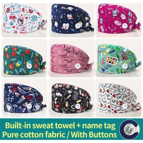 Laboratory Working Hats Cartoon Teeth Printed Scrubs Caps Adjustable nursing Hats Operating room Work Cap Pet clinic Scrubs Caps
