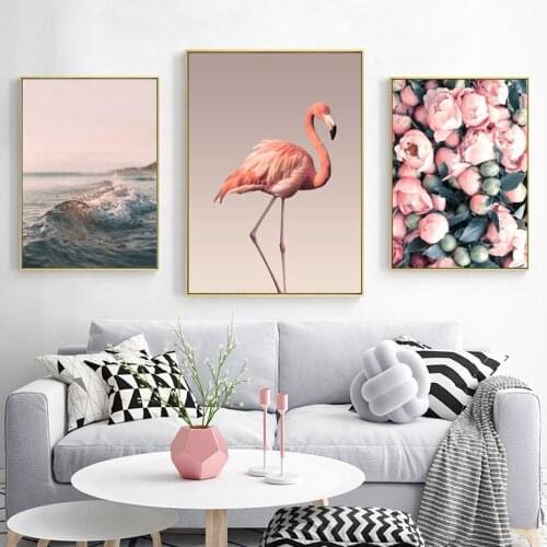 Modern Romantic Pink Peony Flamingo Love Wall Art Wave Scene Pictures Canvas Paintings Nordic Posters Prints Bedroom Home Decor