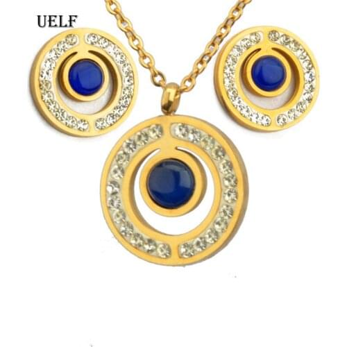 UELF Gold Color Blue Austrian Crystal Classic Hollow Round necklace pendant earrings Stainless Steel jewelry set