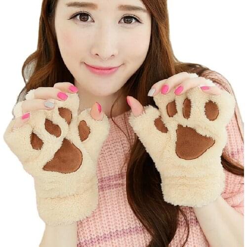 New Women Cute Cat Claw Paw Plush Mittens Warm Soft Plush Short Fingerless Fluffy Bear Cat Gloves Costume Half Finger Party Gift