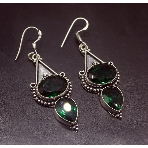 Glorious Charming Shiny GreenTopaz Silver Color For Women Ladies Hook Drop Dangle Earrings 2 1/4 Inch HD850