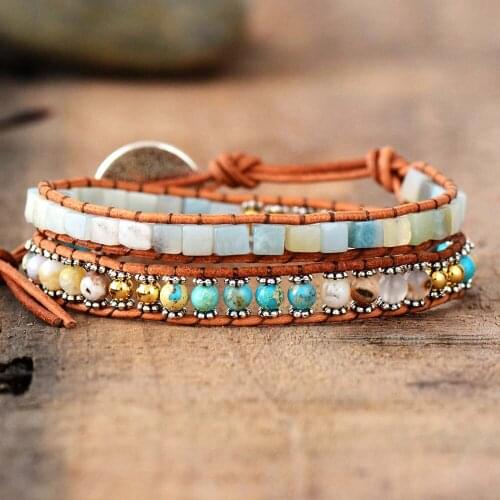 Women Leather Bracelets High End Mix Natural Stones 2 Strands Wrap Bracelets Vintage Weaving Bead Bracelet Dropshipping