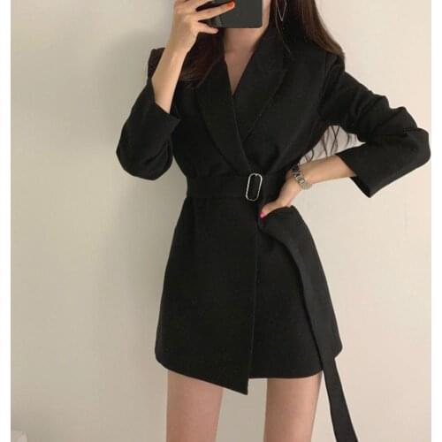 Women Autumn Casual Solid Color Long Sleeve Belted Slim Blazer Dress Jacket Suit