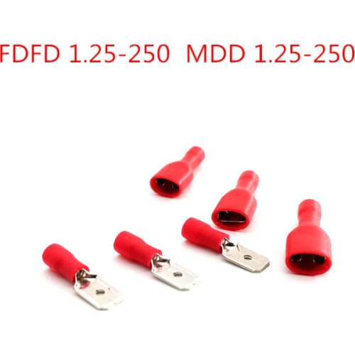 100pcs FDFD 1.25-250 Mdd1.25-250 6.3mm Red Female + Spade Insulation Electrical Crimping Terminal Connector Wiring Cable Plug