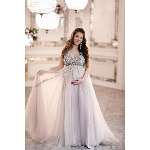 Sparkly Sequins Prom Dresses For Pregnant Women V Neck Tulle Plus Size Dubai Saudi Arabic Formal Evening Gowns