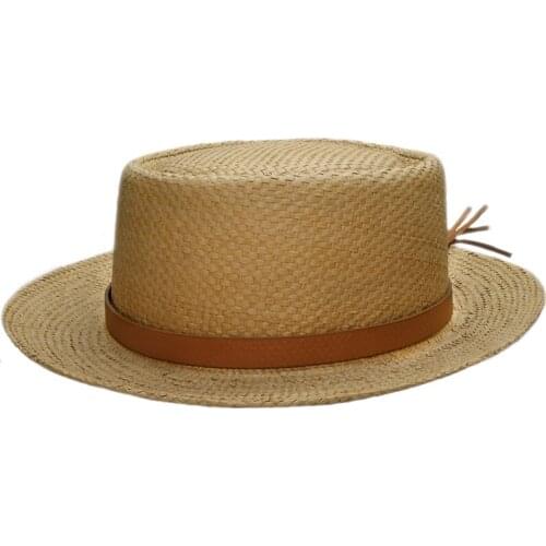 Big Size Women Men Summer Fashion Raffia Straw Pork Pie Pork-pie Sun Hat Beach Boater Cap Snake Skin Leather Band 57-60cm
