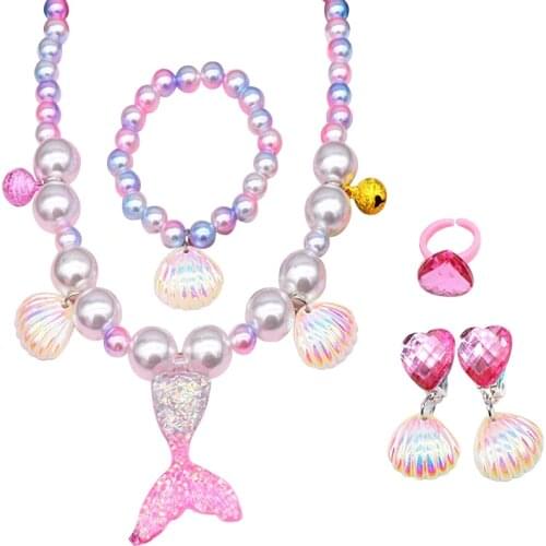 Children Girls Makeup Set Earrings Ring Bracelet Make up Necklace Pearl Mermaid Tail Shape Jewellery Toys For Kids Gift 10 years