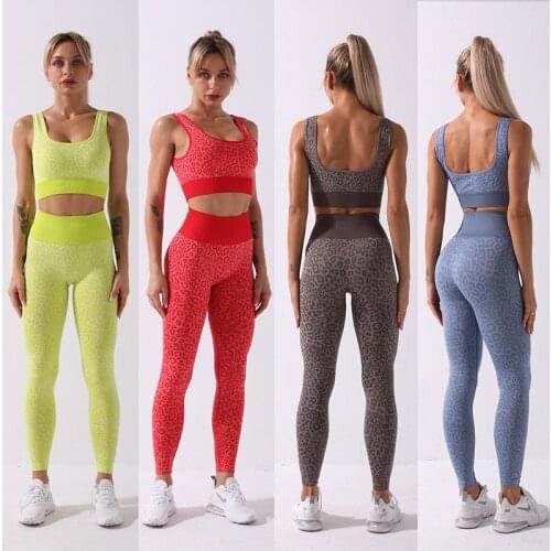 Women Seamless Yoga Suit Leopard Push-up Bra Fitness High Waist Pants Gym Sport Workout Running Training Leggings