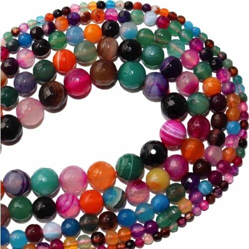Faceted Natural Stone Colorful Stripe Agates Stone Loose Round Beads 4 6 8 10 12 MM Pick Size For Jewelry Making Diy Bracelet