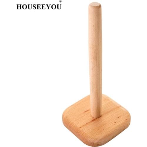 HOUSEEYOU Natural Wood Disposable Wiping Roll Paper Towel Stand Holder Wash Cloth Rack Cleaning Tissue Paper Shelf for Kitchen