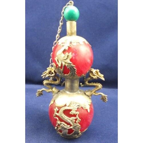 Chinese Tibetan silver Dragon and Phoenix Artificial Red Jade snuff bottle