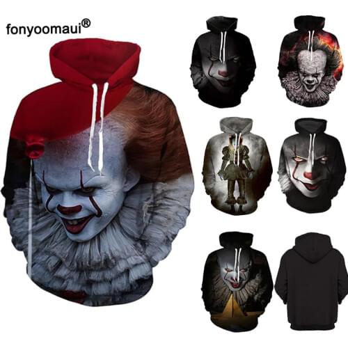 Adult Unisex Movie IT Clown Costume Devil Pennywise Face 3D Printed Sweatshirt Hoodie Terror Coat For Men Women Halloween M-4XL